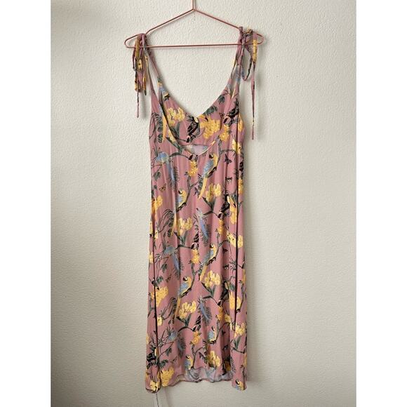 Reformation Jade Dress Midi Conga Tropical Bird Print Pink Yellow Tie Straps - Picture 5 of 10